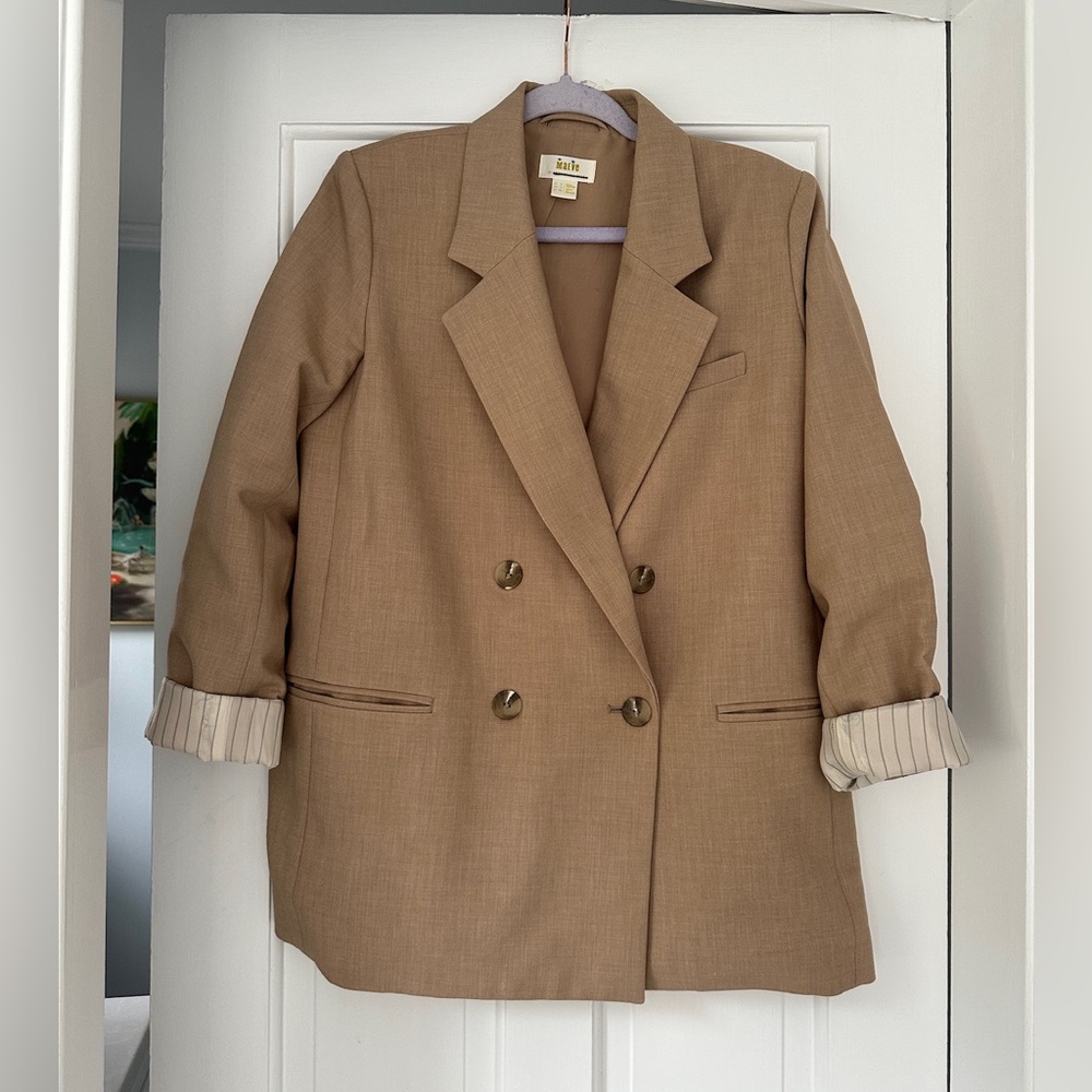 Anthropologie Maeve Double Breasted Boyfriend Shoulder Pads Camel Blazer Size 4 - Picture 3 of 12